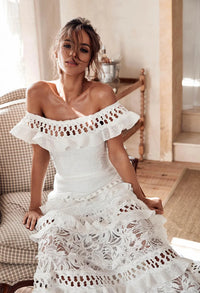 Alexa White Open Shoulder Carnival Dress - Villa Vibes Australia