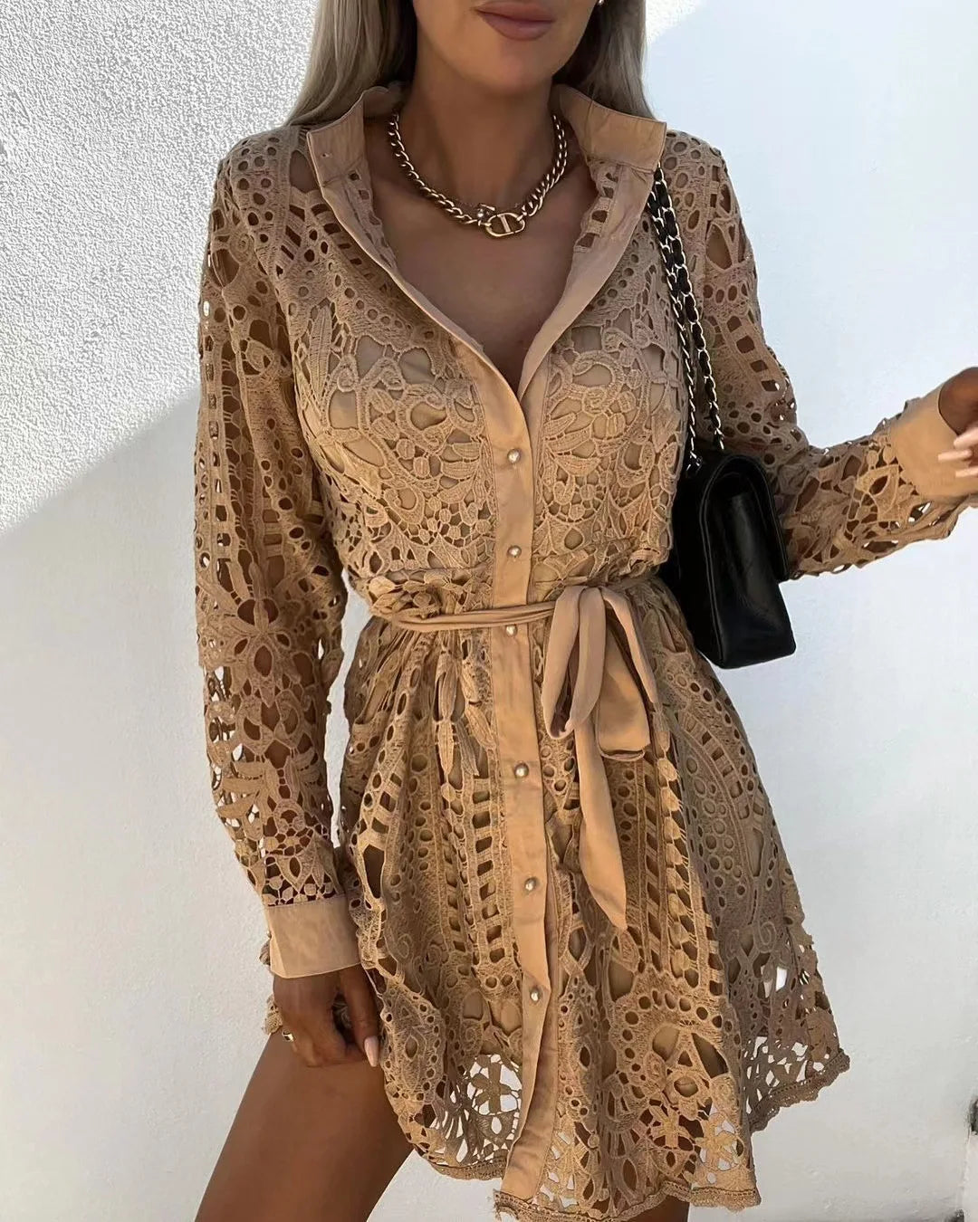 Sienna Toffee Lace Shirt Dress