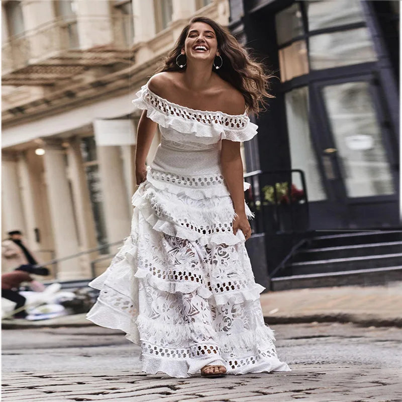 Alexa White Open Shoulder Carnival Dress - Villa Vibes Australia