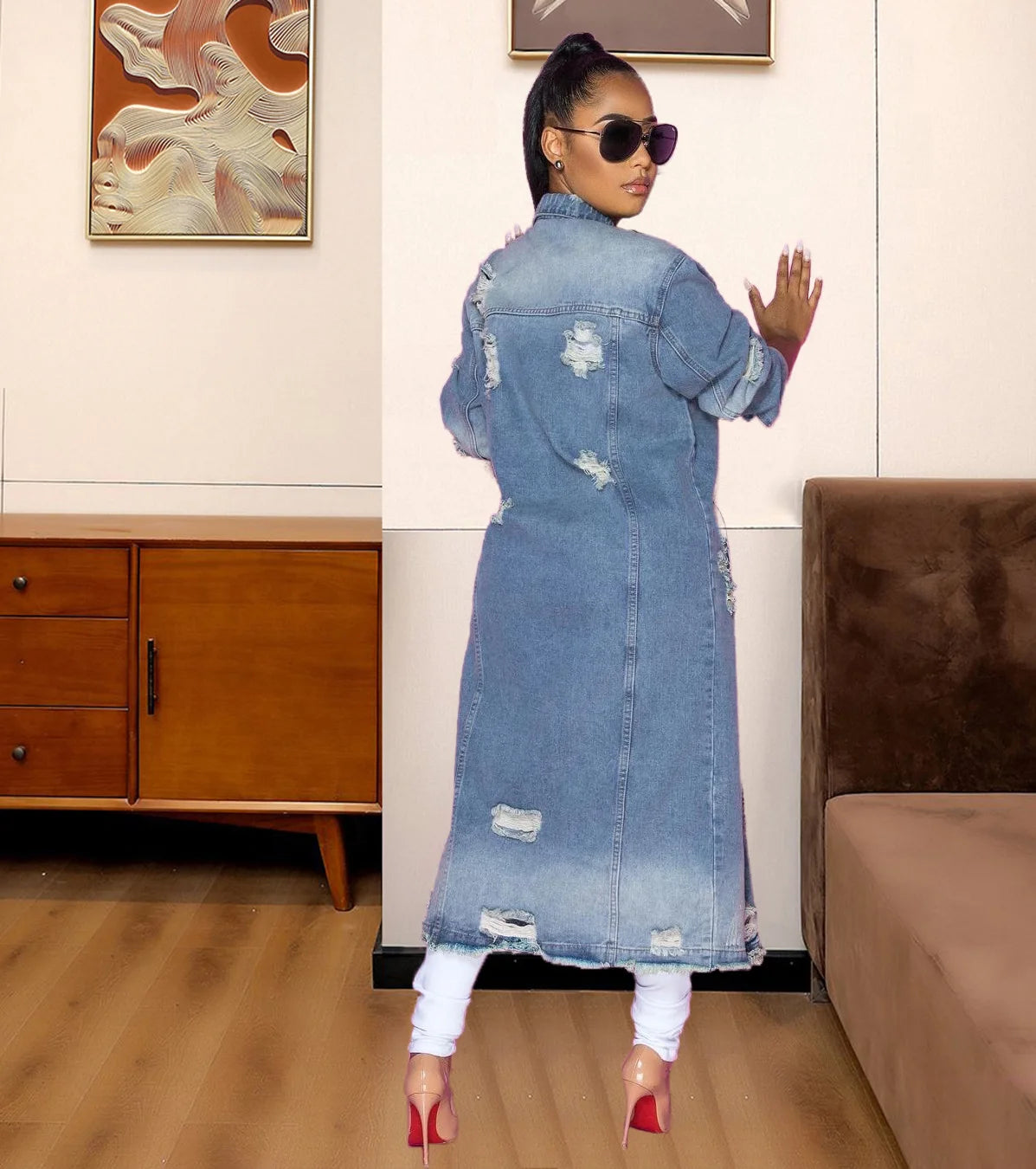 Lizzo Ripped Long Denim Coat - Villa Vibes Australia