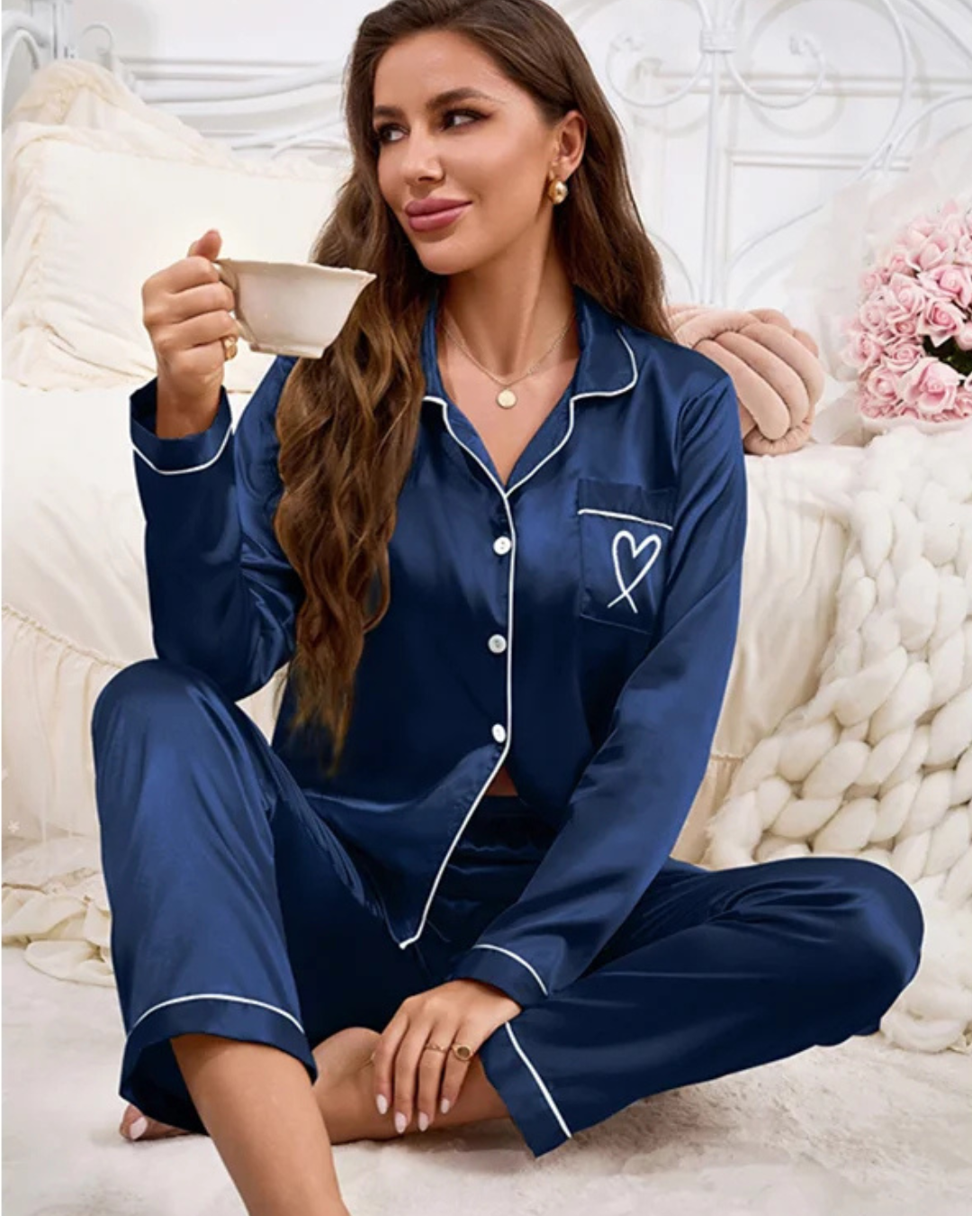 Sweet Dreams Midnight Blue Silky 2pc PJ Set