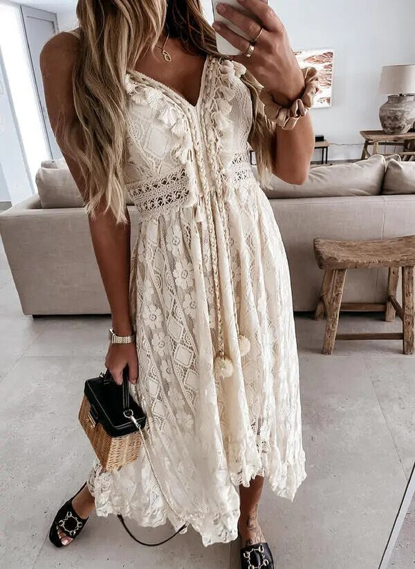 Shiloh Cream Lace Tassel Dress - Villa Vibes Australia
