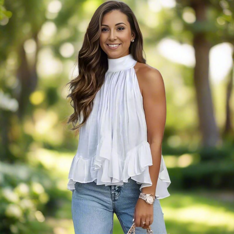 Samantha White Ruffle High Neck Top - Villa Vibes Australia