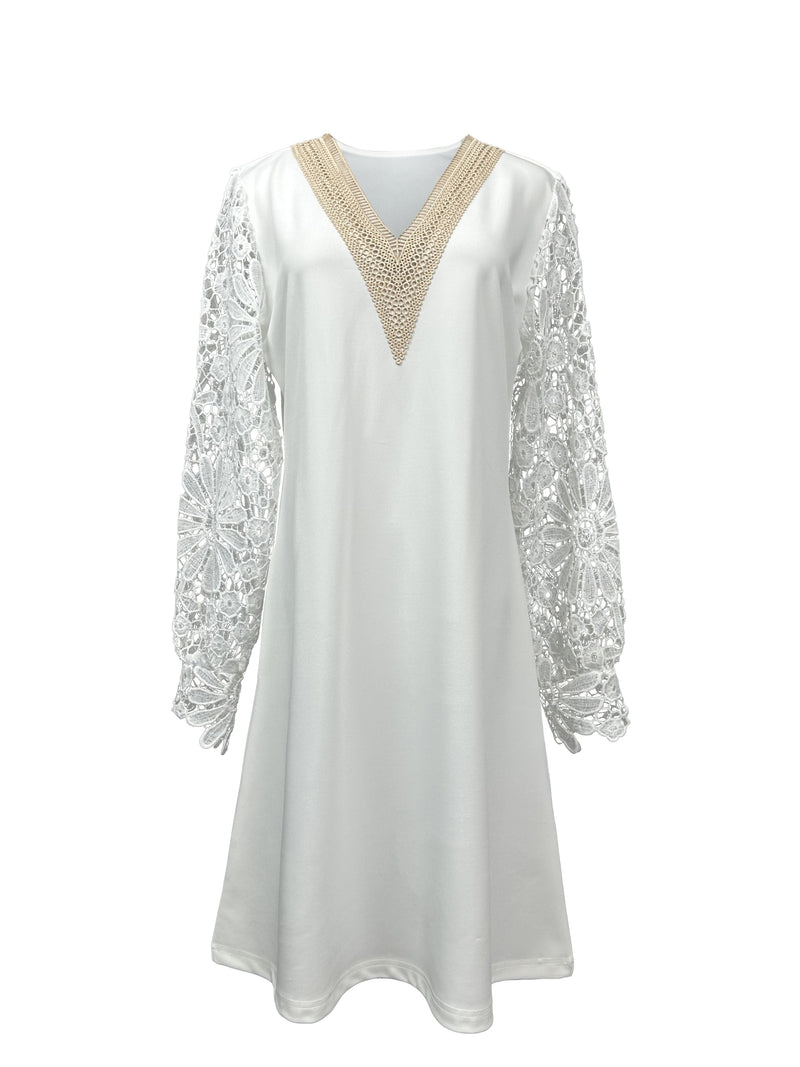 Riley 2.0 White V-Neck Lace Sleeve Shirt Dress S-2XL