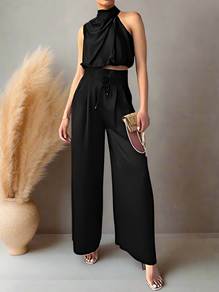 Latifah Black Silky Two Piece Pants Set S-3XL