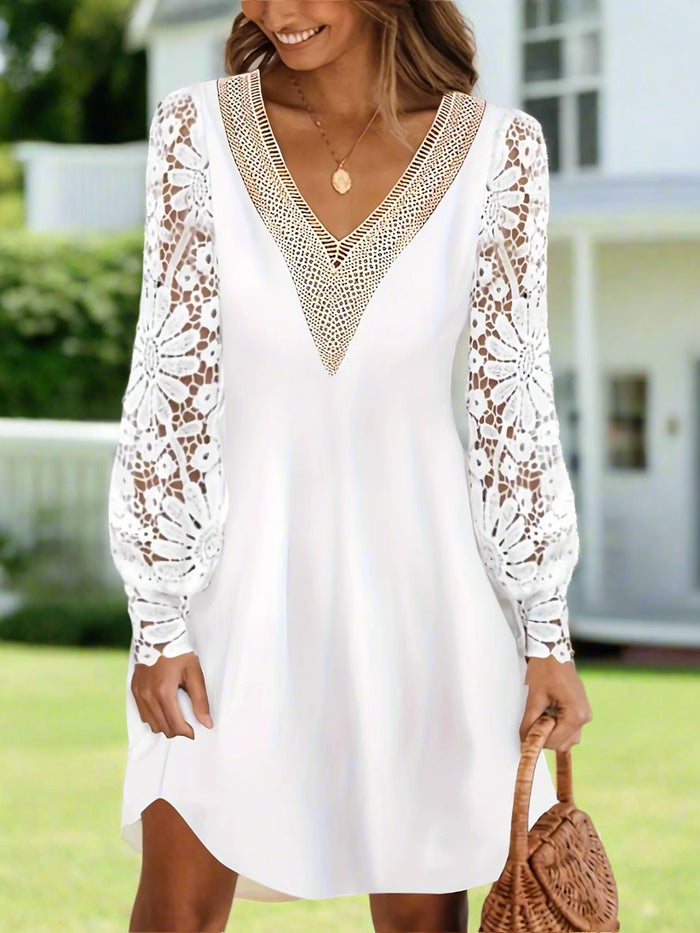 Riley 2.0 White V-Neck Lace Sleeve Shirt Dress S-2XL