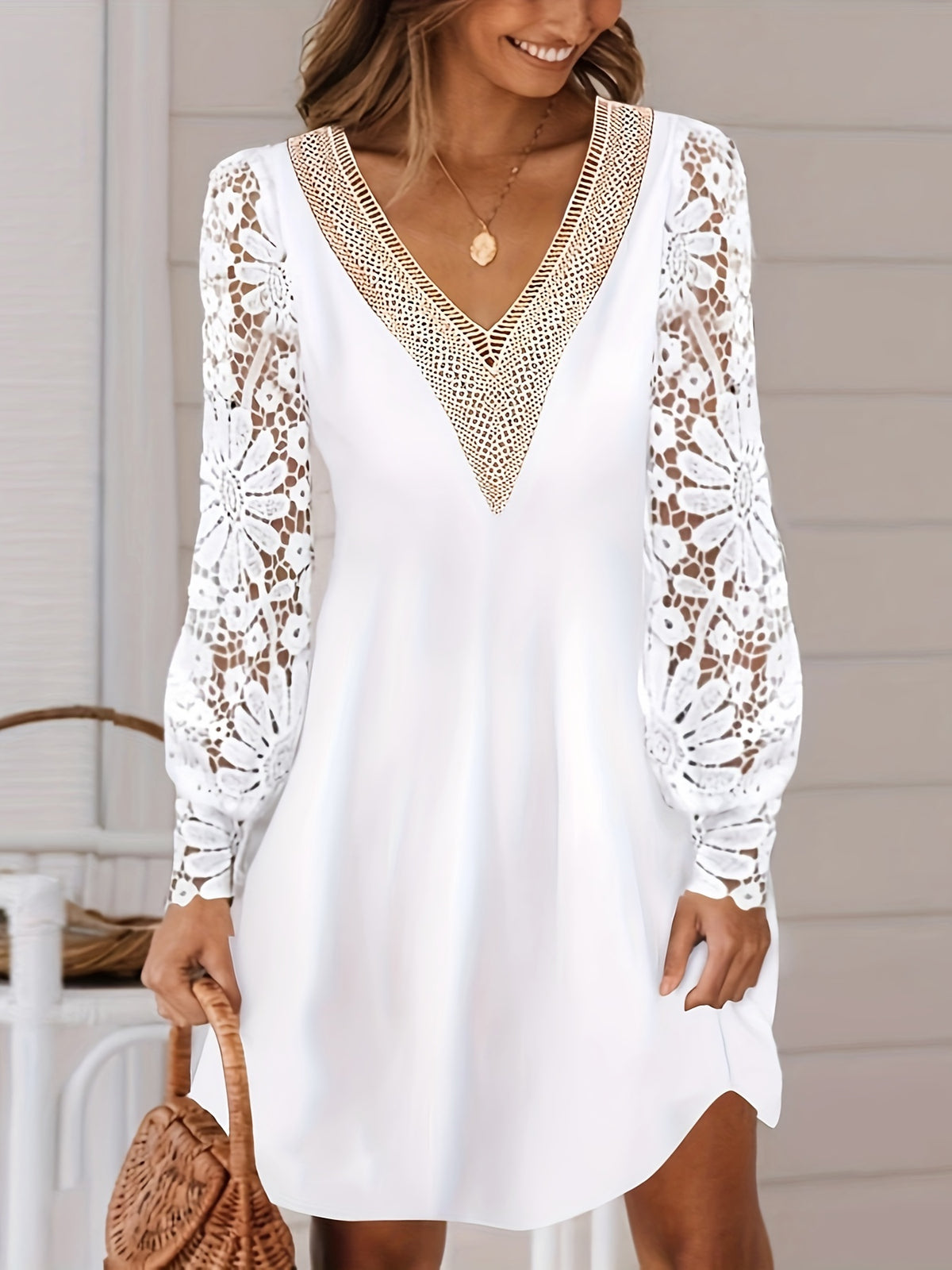 Rylee White V-Neck Lace Sleeve Shirt Dress S-2XL - Villa Vibes Australia