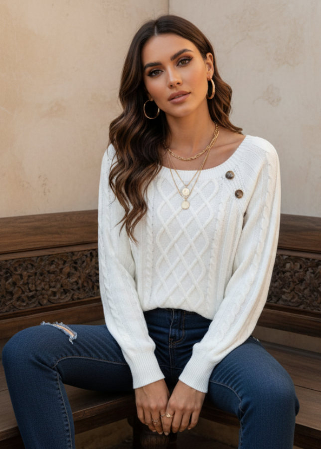 Woman wearing Anya white sweater and blue jeans sitting on a wooden bench.