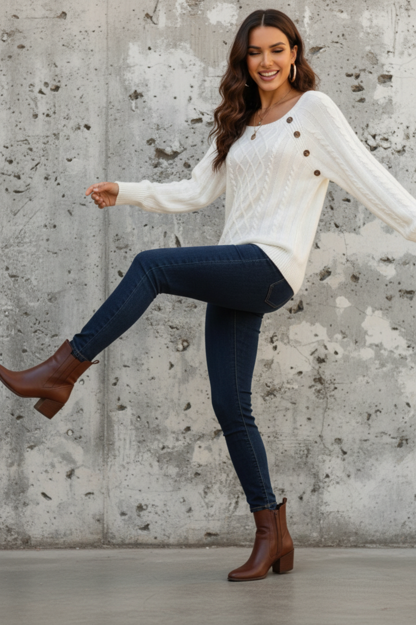 Woman wearing Anya white sweater, dark blue jeans, and brown boots against a beige wall.