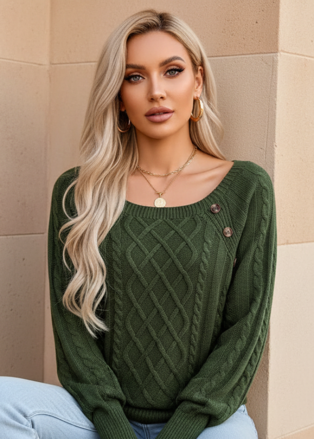 Woman wearing Anya green cable knit sweater against a beige wall.