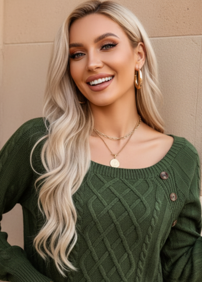 Woman wearing Anya green sweater with a beige background