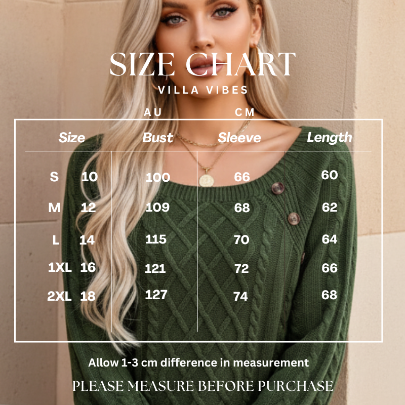 Anya Size chart for a green sweater with measurements in AU and CM, worn by a model.