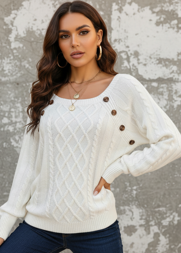 Woman wearing Anya white sweater with brown buttons against a textured wall.