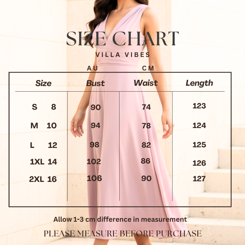 Size chart for Chelsea dusty pink dress with measurements in centimeters and inches, featuring 'Villa Vibes' branding.