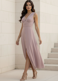 Woman wearing a dusty pink dress standing in a minimalistic setting with white walls and steps.
