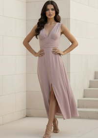 Woman in Chelsea dusty pink dress standing in a minimalistic setting with white walls and steps.