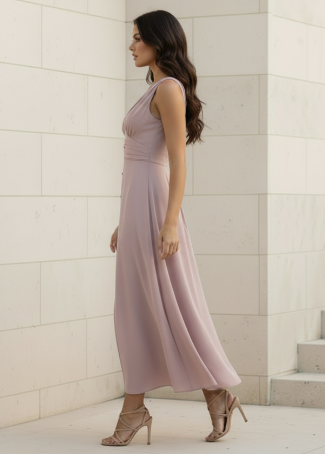 Woman wearing a Chelsea long,dusty pink dress against a white tiled wall.