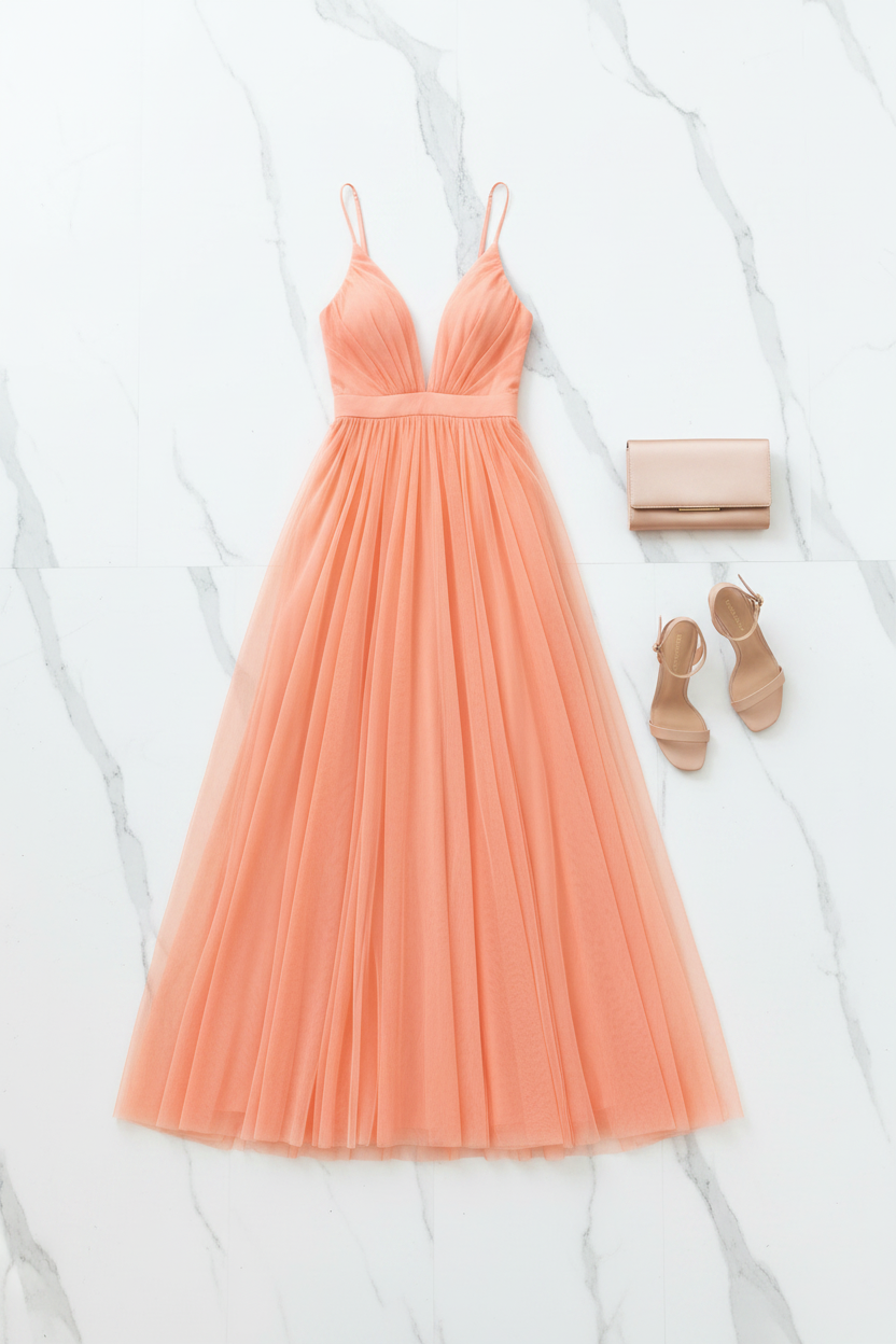 Peach-colored dress with matching clutch and shoes on a white background