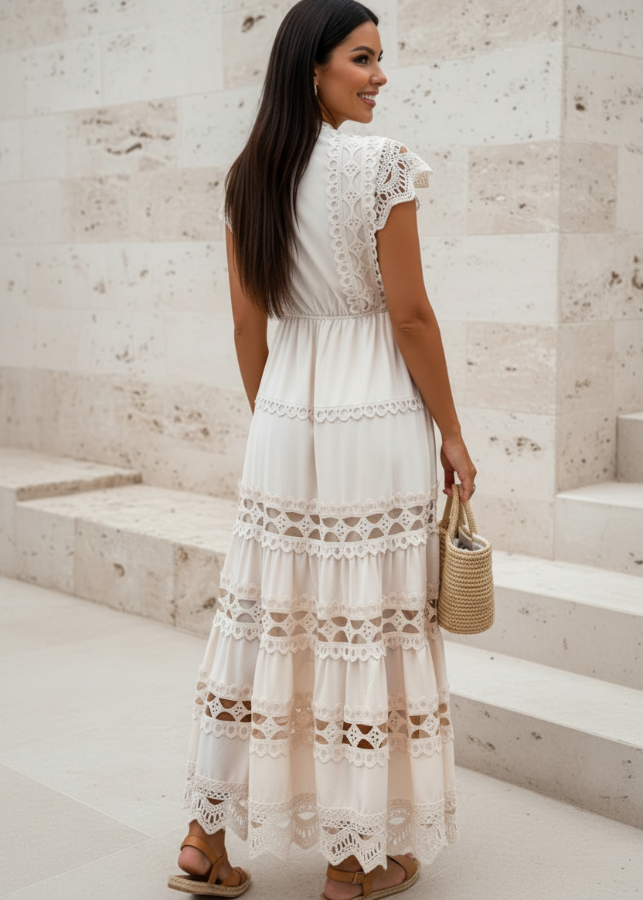 Woman in Danni Beige lace dress standing on a balcony with a scenic view of the ocean and cliffs.