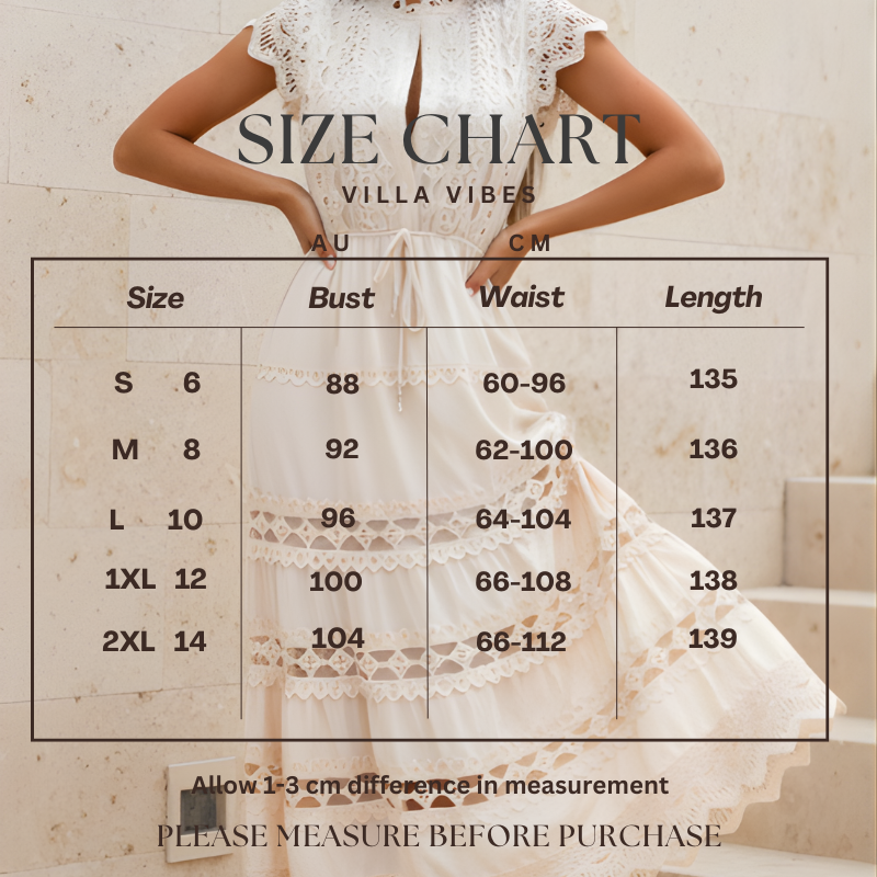 Size chart for Danni lace dress with measurements in AU and CM, displayed over a model wearing the dress.