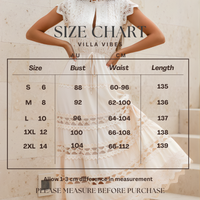 Size chart for Danni lace dress with measurements in AU and CM, displayed over a model wearing the dress.