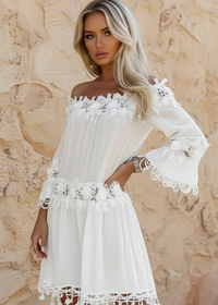 Woman wearing White Diaz white off shoulder mini dress