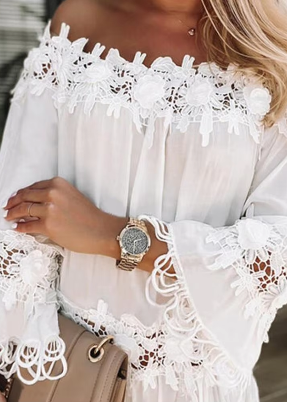 Woman wearing White Diaz white off shoulder mini dress