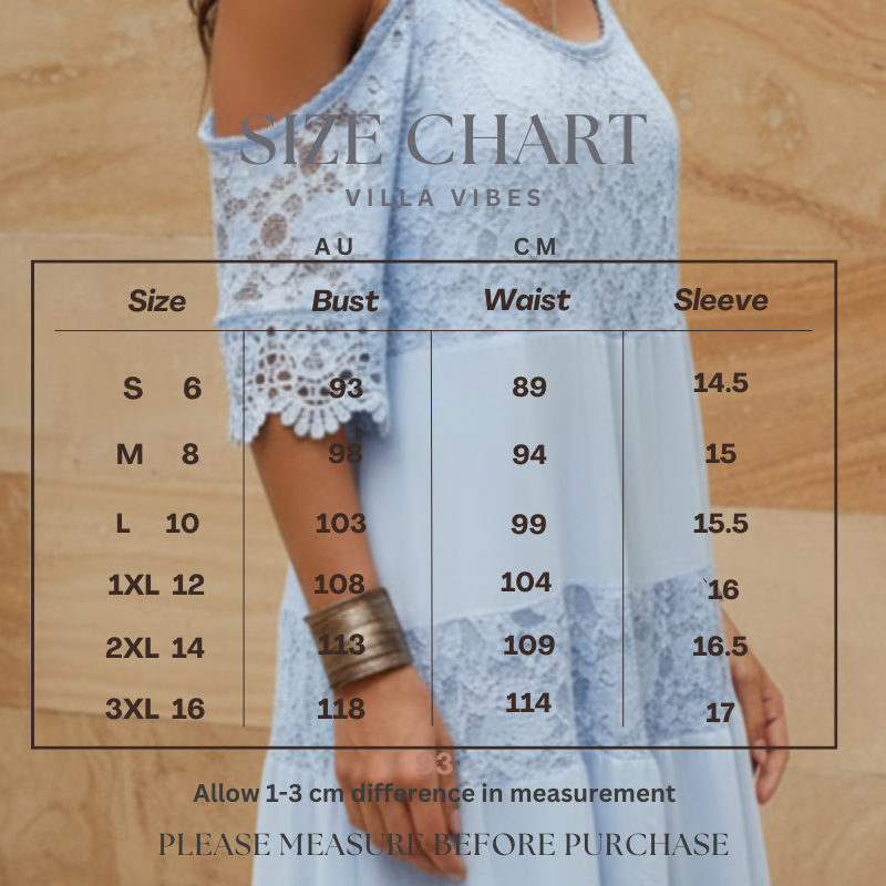 Elle Size chart for a dress with measurements in AU and CM on a wooden background
