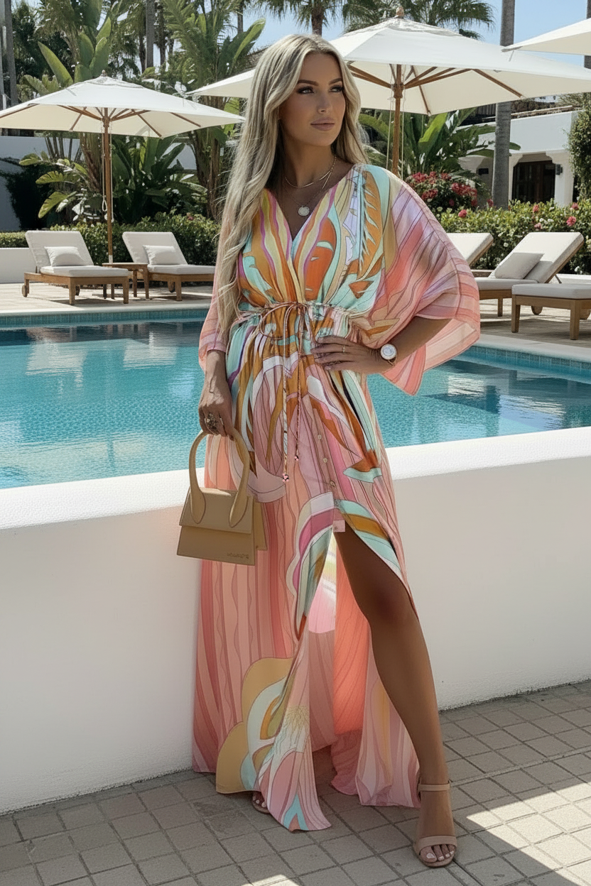 Woman wearing a colorful Enya dress with a pink patterned design, standing in front of a pool. 