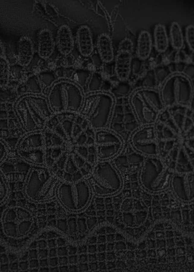 Close-up of Fallon black lace fabric with intricate patterns