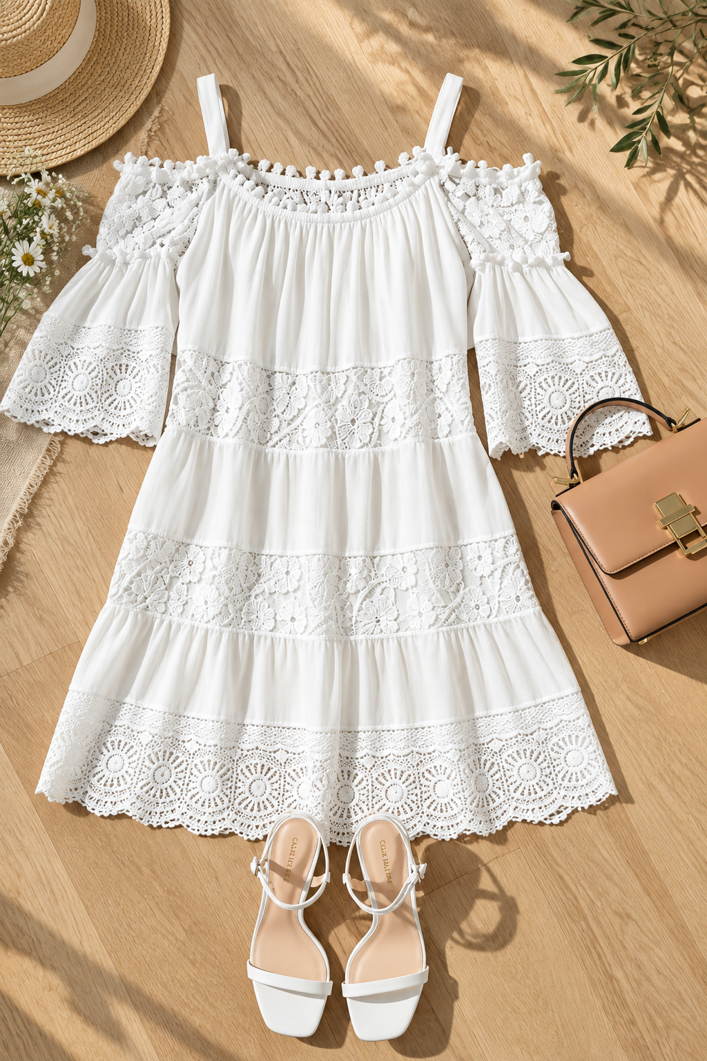 White fallon lace dress from Villa Vibes with strappy shoulders and tiered ruffles, styled in a flat lay with a tan handbag, white sandals, a straw hat, and greenery on a wooden surface.