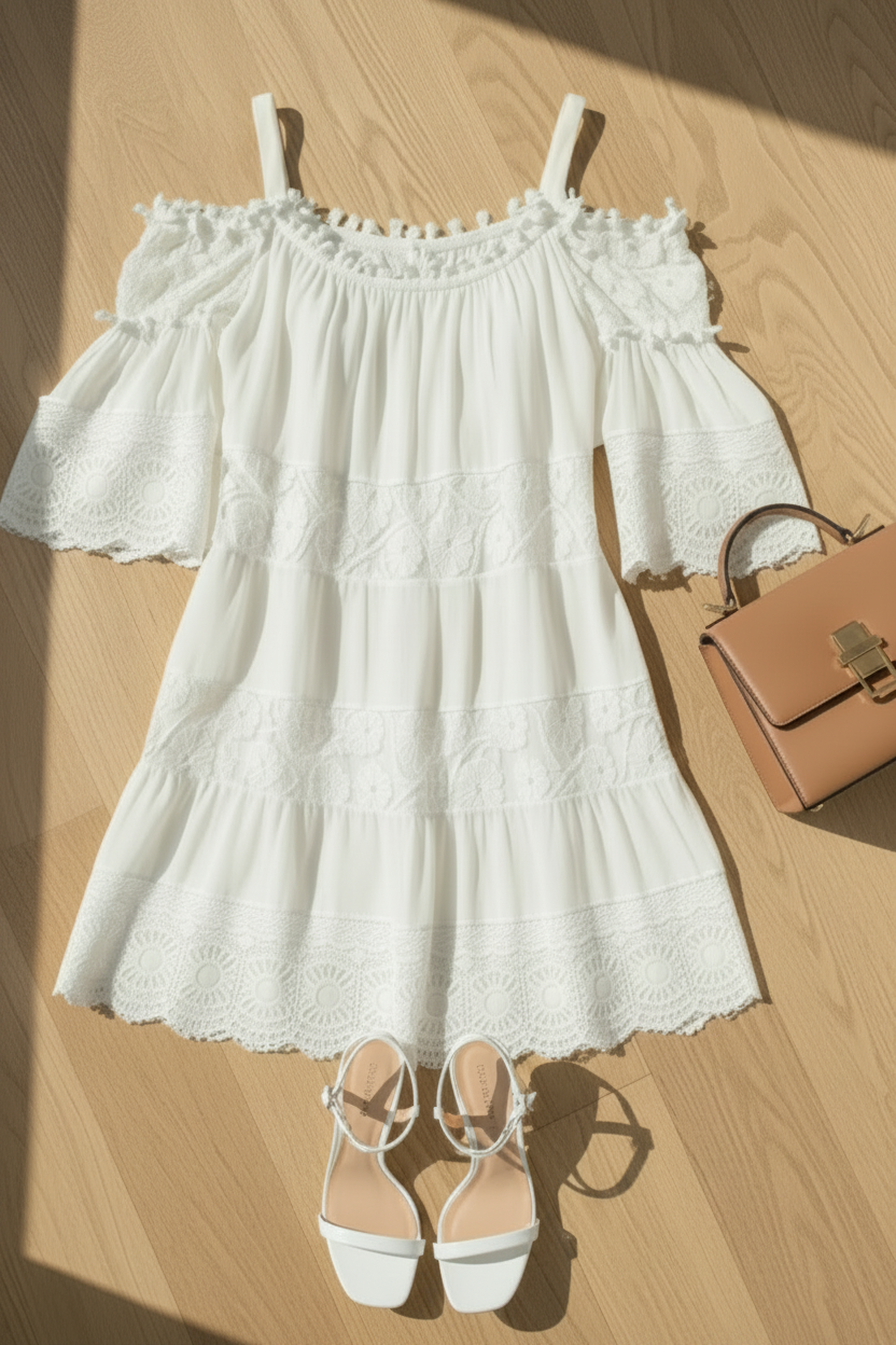 Villa Vibes Fallon White off-shoulder dress with ruffled details, white sandals, and a brown handbag on a wooden floor.