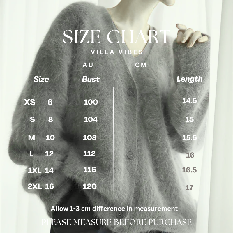 Zendaya Grey Size chart for a garment with measurements in AU, CM, Bust, and Length, branded 'Villa Vibes'.