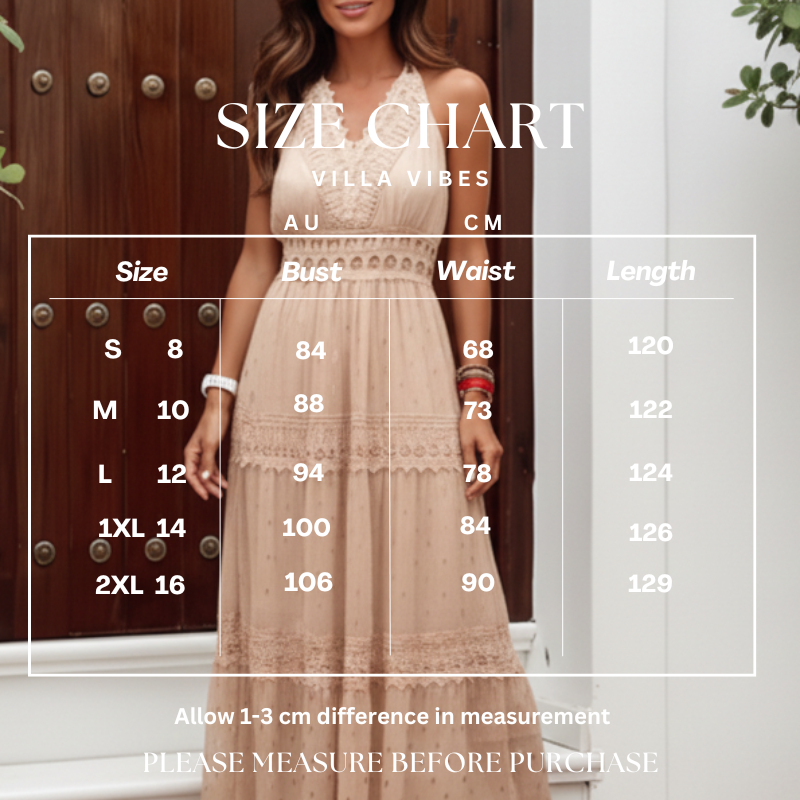 Size chart for Indra Nude dress with measurements in AU and CM, worn by a model.