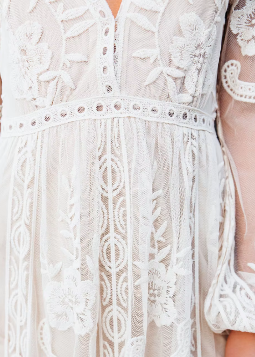 Close-up of a white lace dress with intricate patterns