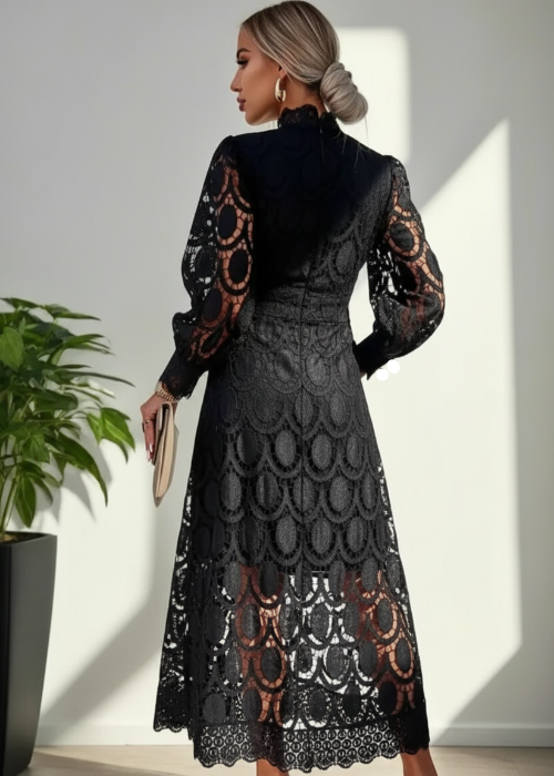 Woman wearing a black lace dress standing in a well-lit room with a plant.