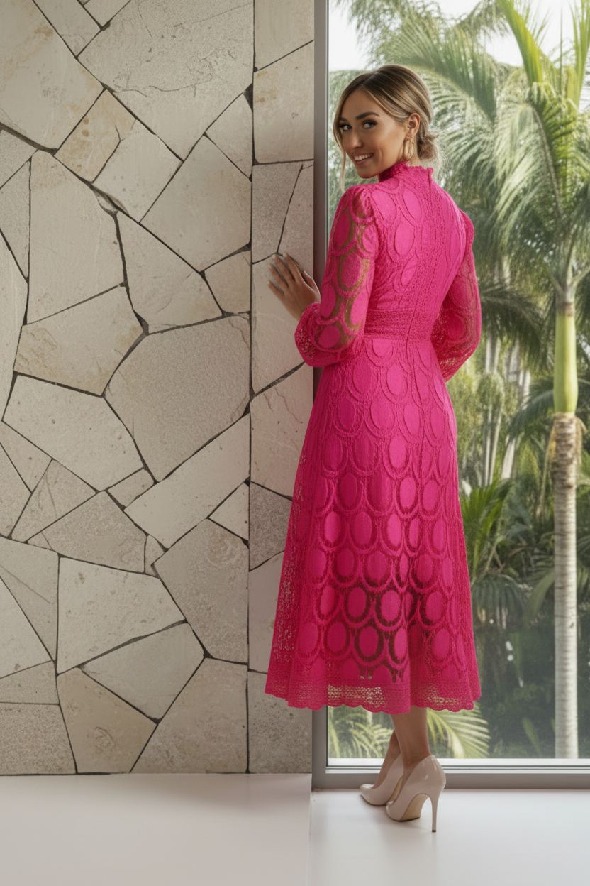 Woman in a pink dress standing against a stone wall with a window view of palm trees.
