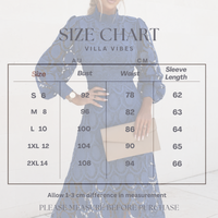 Size chart for Villa VIbes sapphire blue lace dress with measurements in AU and CM, featuring a model wearing a blue dress.