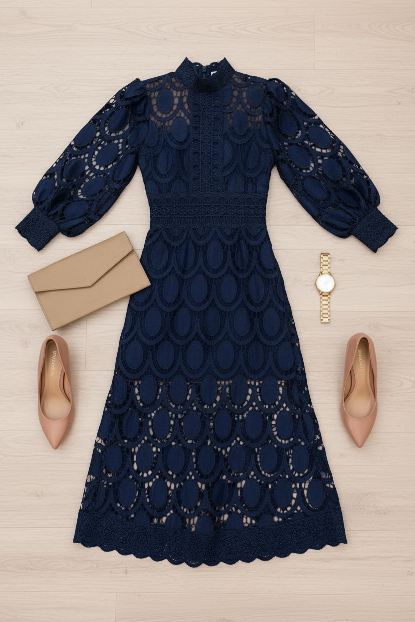 Navy blue Jasmine lace dress with beige clutch, shoes, and watch on a light wooden surface