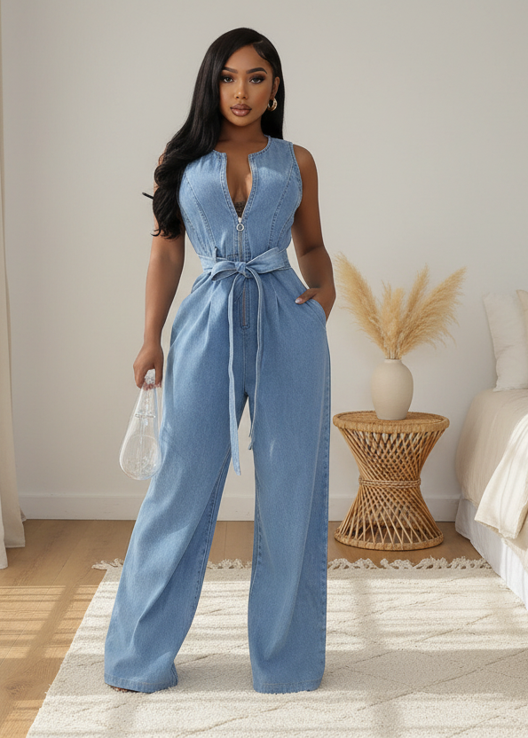 Woman wearing Karina blue denim jumpsuit in a room with a white wall and wooden floor.
