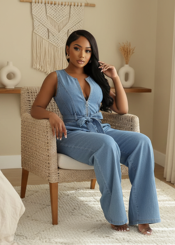 Woman in Karina blue jumpsuit sitting on a chair in a bright room with white curtains.