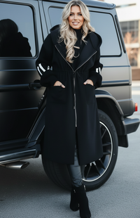Woman in black Kelly coat from Villa Vibes standing next to a black Mercedes-Benz G-Class vehicle.