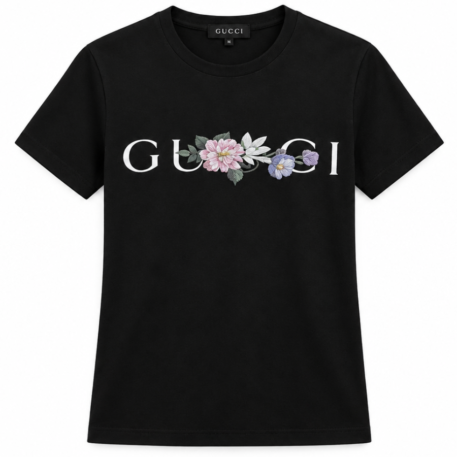 Villa Vibes Black t-shirt with floral design and 'Gucci' branding