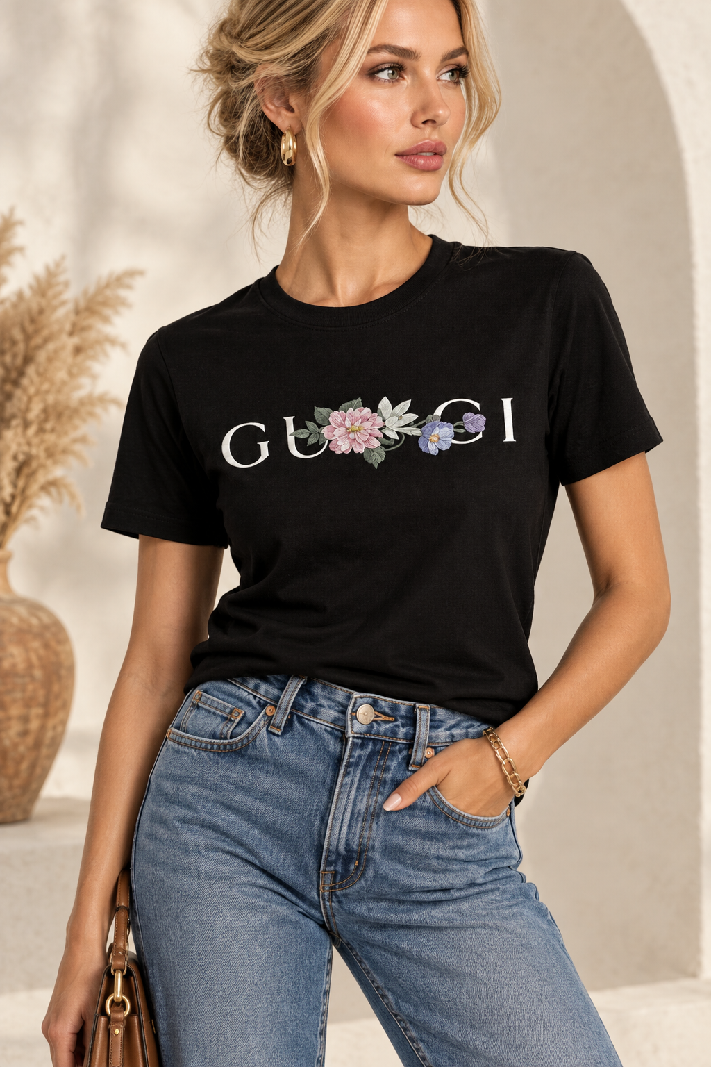 A woman wearing a black short-sleeve t-shirt with a white 'GU*CI' logo and a colorful floral graphic across the chest, paired with blue jeans.