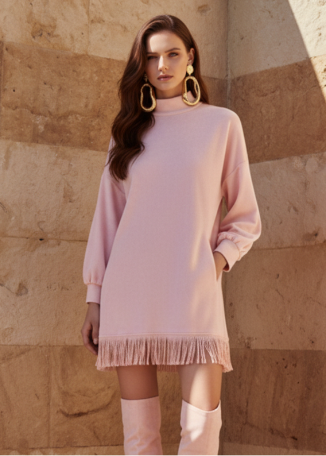 Woman wearing Maddox pink dress with fringe and knee-high boots standing against a stone wall.