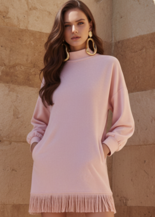 Woman wearing Maddox pink dress with fringe details against a stone wall.