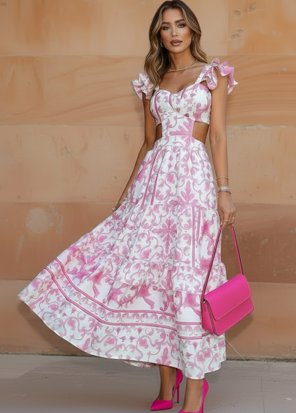 Woman in Melania pink and white floral dress holding a pink handbag against a beige wall.