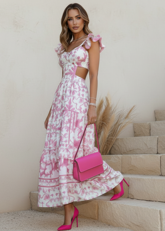 Woman in Melanie pink dress holding a pink handbag on a staircase.