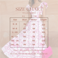 Size chart for Melania dress with measurements in AU and CM, featuring a model wearing a floral dress.