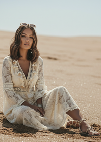 Woman in a cream Mendez lace dress sitting on sand in a desert setting